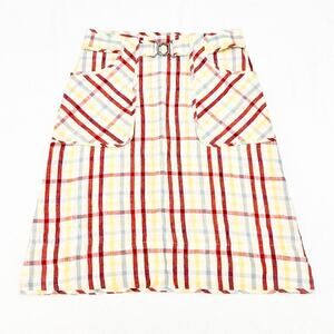 DKNY Madras Plaid Patterned Linen Skirt Front Pockets Size 2